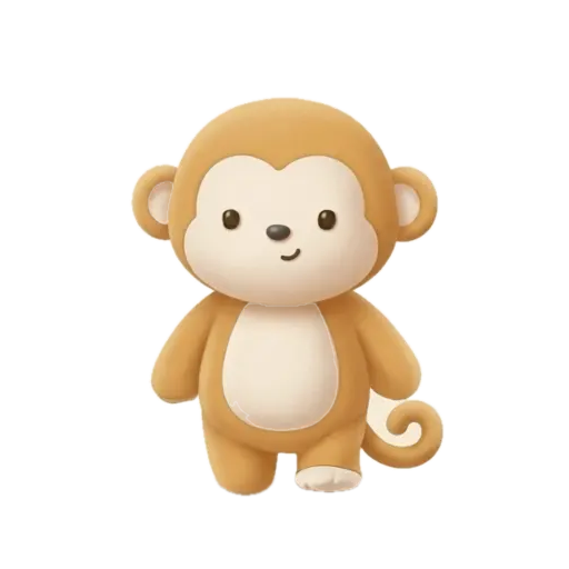 Kapi, a small plush monkey, breathing softly and smiling