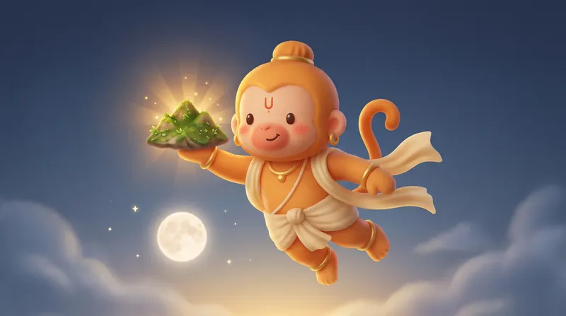 Hanuman carrying the mountain of healing herbs across the sky