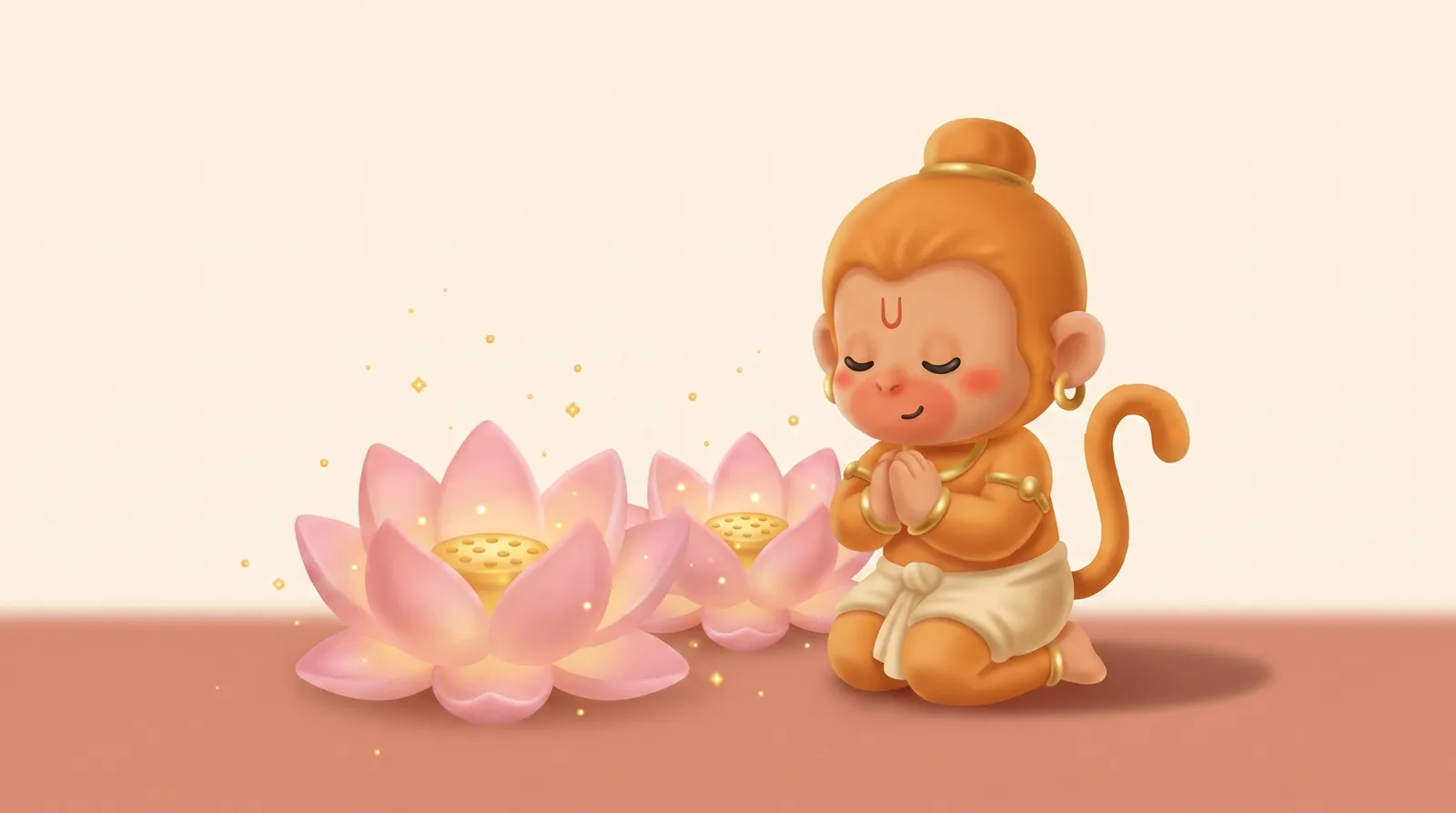 Baby Hanuman praying beside two glowing pink lotuses