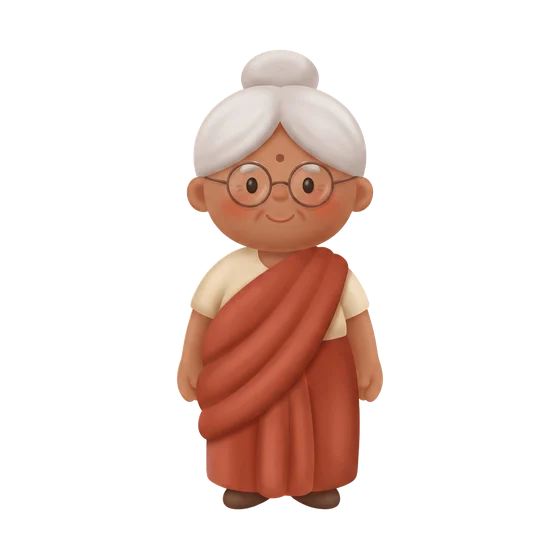 Clay illustration of Dadi, a smiling grandmother in a terracotta sari